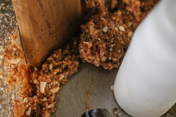 Dates and cashews chopped up in a food processor.