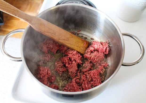 Beef in a large pan