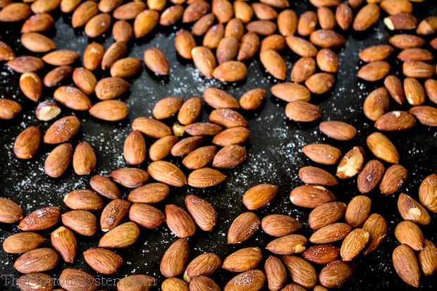 Dry Roasted Almonds on a baking sheet