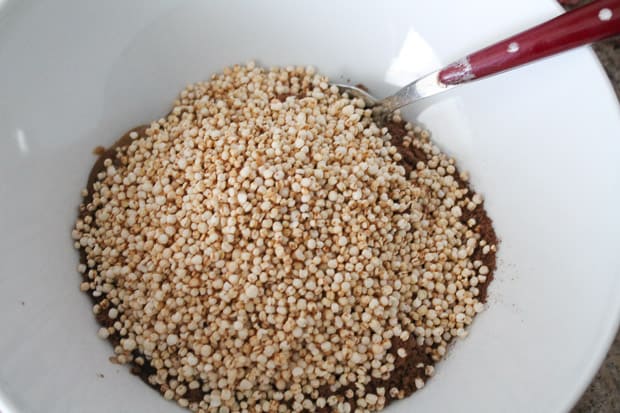 mixing bowl with chocolate and puffed quinoa