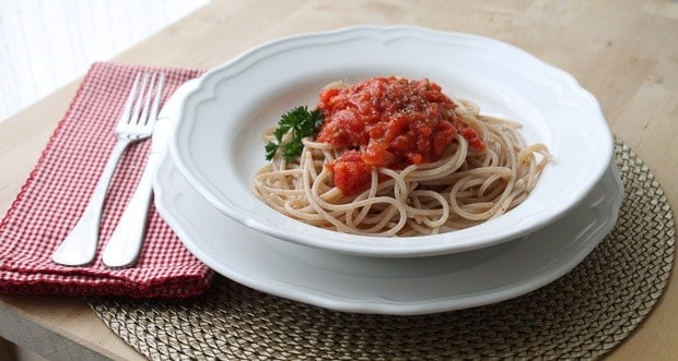 Rich tomato sauce over pasta