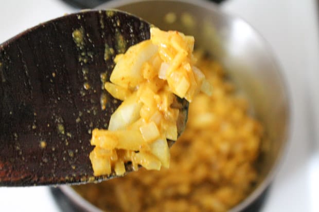 Cooked onions on a wooden spoon