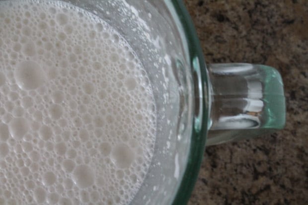 white frothy liquid in a blender.