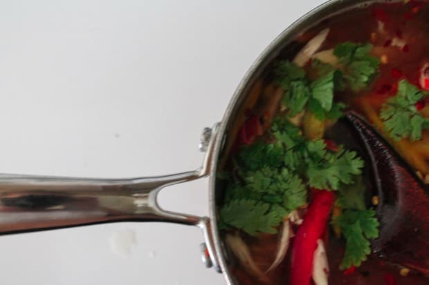 Fresh cilantro in a soup pot