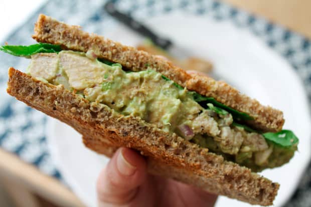 Avocado Chicken Salad in a sandwich