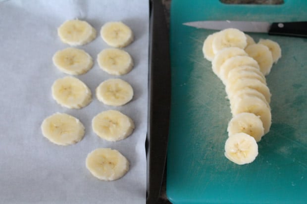 Sliced banana on a cutting board