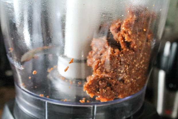 Homemade Larabar dough in a food processor