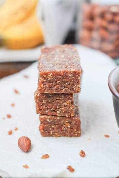 a stack of homemade banana bread larabars.