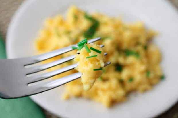 Scrambled Eggs with Chives on a fork