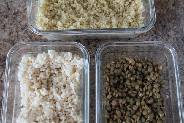 Glass storage containers with cooked grains