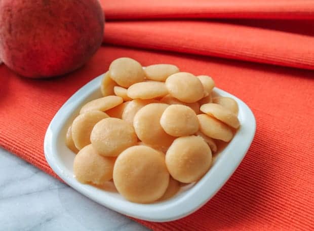 Peachy Frozen Yogurt Bites on a small white dish