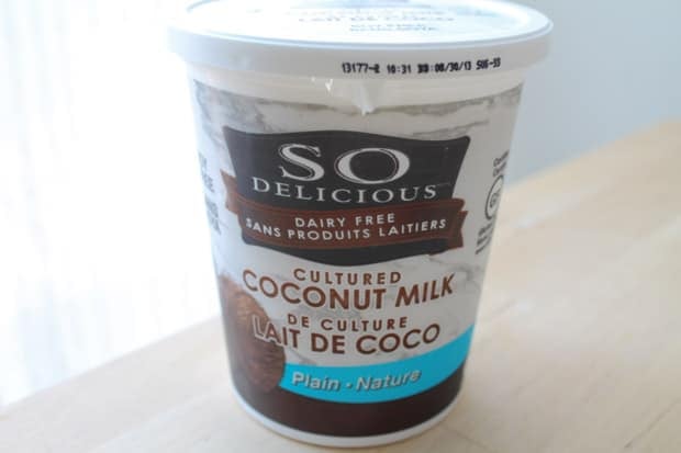A container of coconut yogurt