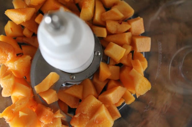 diced peaches in a food processor