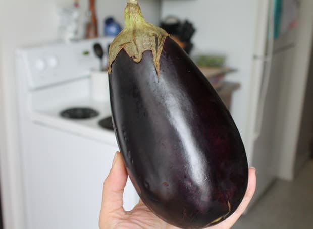 a hand holding a plump, purple eggplant