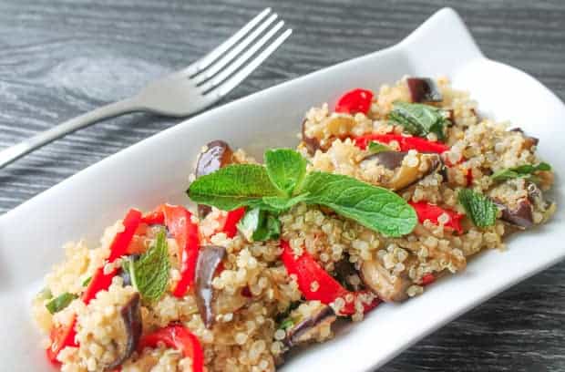 Spicy Roasted Eggplant Quinoa Salad on a white plate