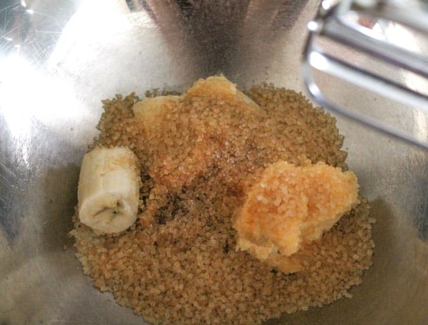 sugar, vegan butter and banana in a mixing bowl