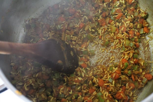 Ingredients being stirred in a soup pot