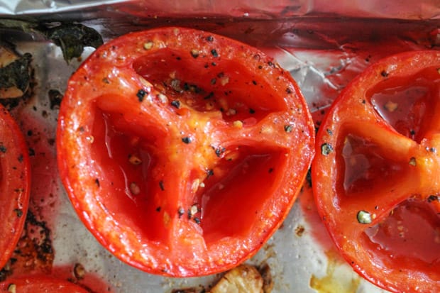 roasted tomatoes on a baking sheet