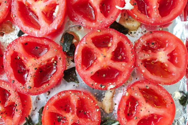 roasted tomatoes on a baking sheet