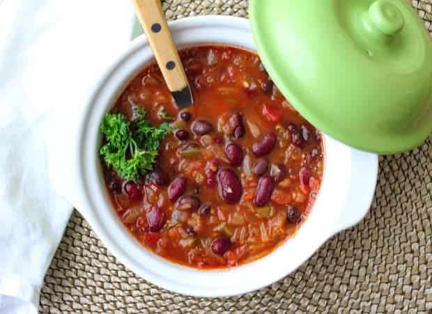 Vegan Chili in a bowl with a spoon