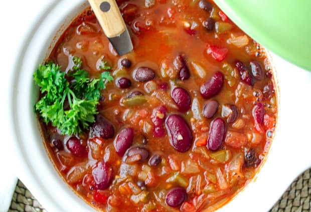 Vegan Chili in a bowl with a spoon