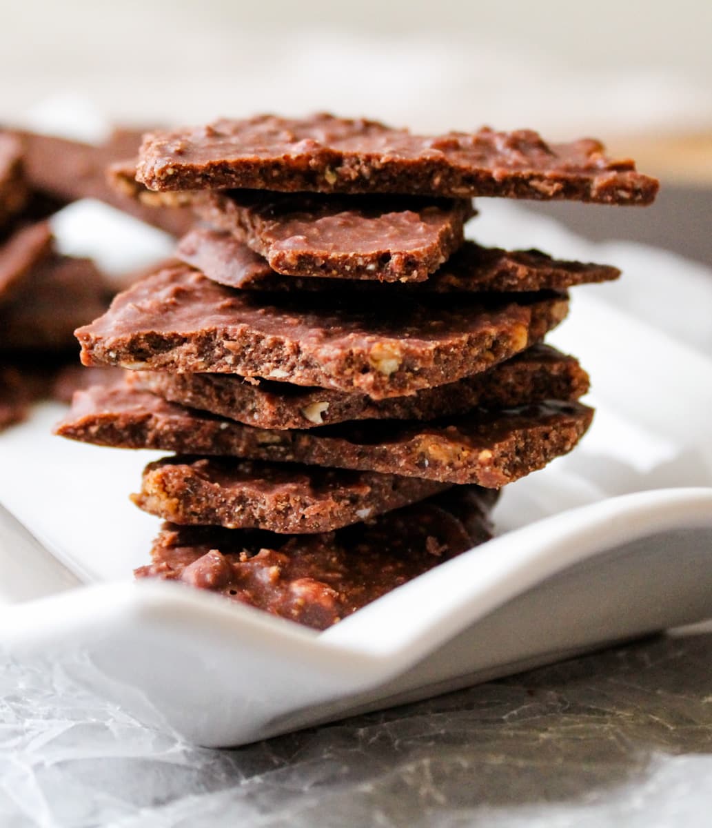 a stack of healthy chocolate bark pieces.