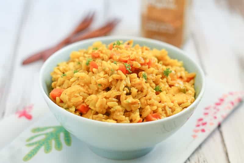 Chicken curry in a blue bowl