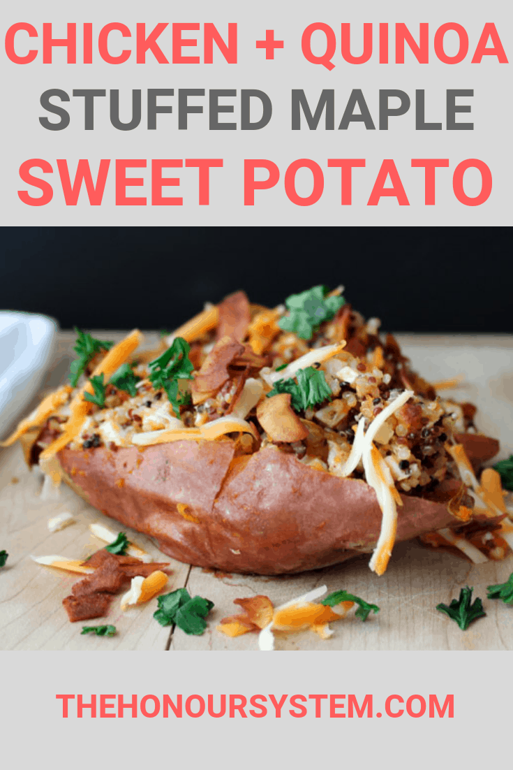 Chicken Quinoa Stuffed Maple Sweet Potato Recipe Pinterest Graphic