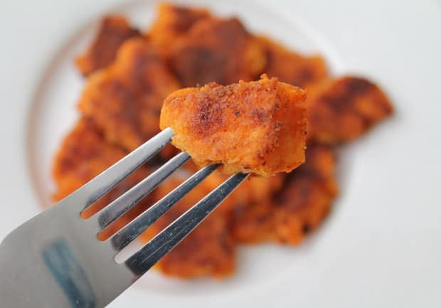 Crispy Sweet Potato Home Fries on a fork