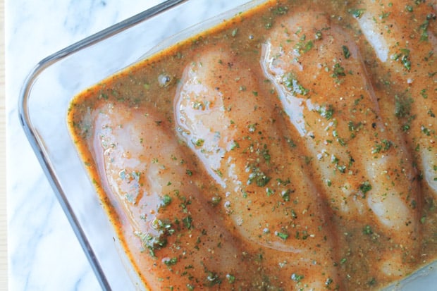 chicken in sauce ready for the oven.