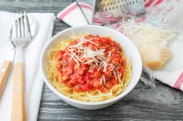Look forward to meatless Monday with this delicious Lentil Marinara with Spaghetti Squash. I love pairing this meal with a little freshly grated Parmesan cheese and a side green salad.