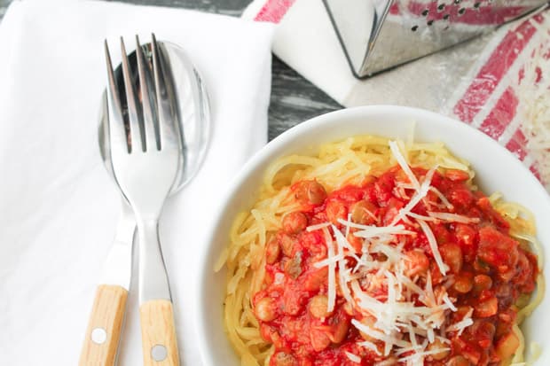 Look forward to meatless Monday with this delicious Lentil Marinara with Spaghetti Squash. I love pairing this meal with a little freshly grated Parmesan cheese and a side green salad.