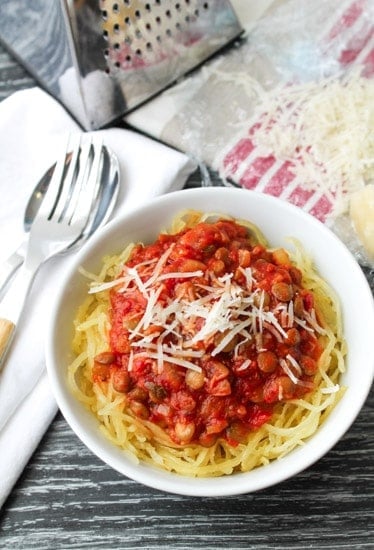 Look forward to meatless Monday with this delicious Lentil Marinara with Spaghetti Squash. I love pairing this meal with a little freshly grated Parmesan cheese and a side green salad.