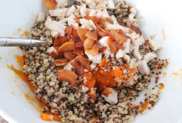 Quinoa, chicken and coconut bacon being stirred on a bowl with mashed sweet potato