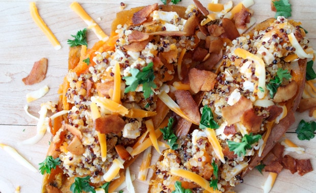 Quinoa Stuffed Maple Sweet Potato garnished with fresh parsley