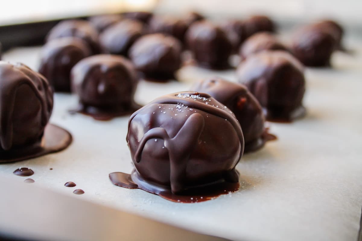 a pan of almond butter truffles.