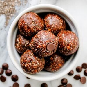 Overhead image of a bowl of chocolate chia balls.