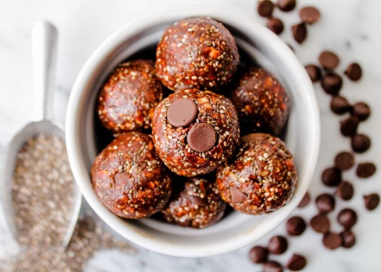 Overhead image of a bowl of chocolate chia balls.