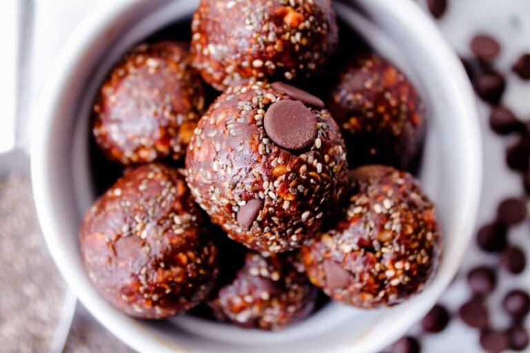 Overhead image of a bowl of chocolate chia balls.