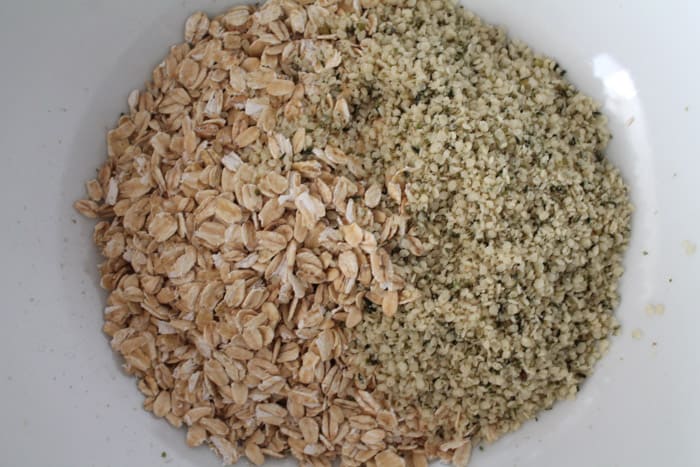 mixing bowl with oats and hemp seeds