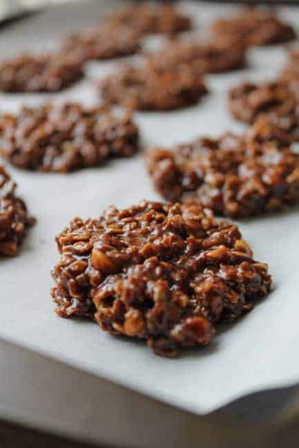 No Bake Chocolate Coconut Oil Cookies chilling on a baking tray