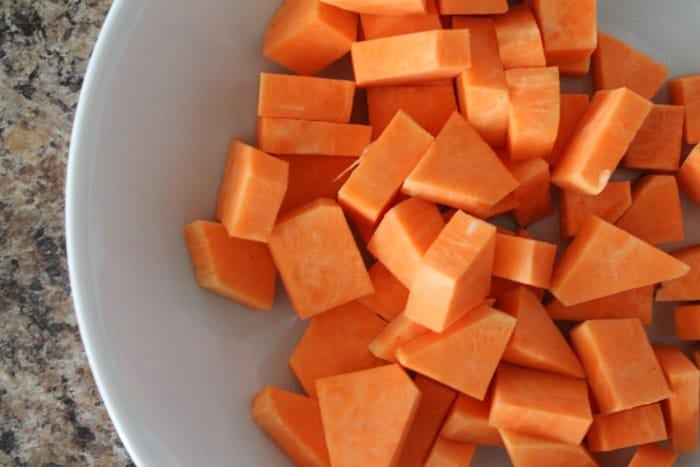 diced sweet potatoes in a white bowl