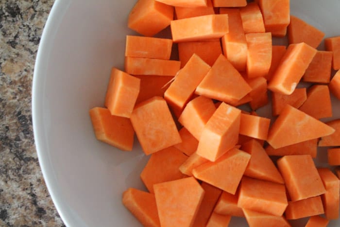 diced sweet potatoes in a white bowl