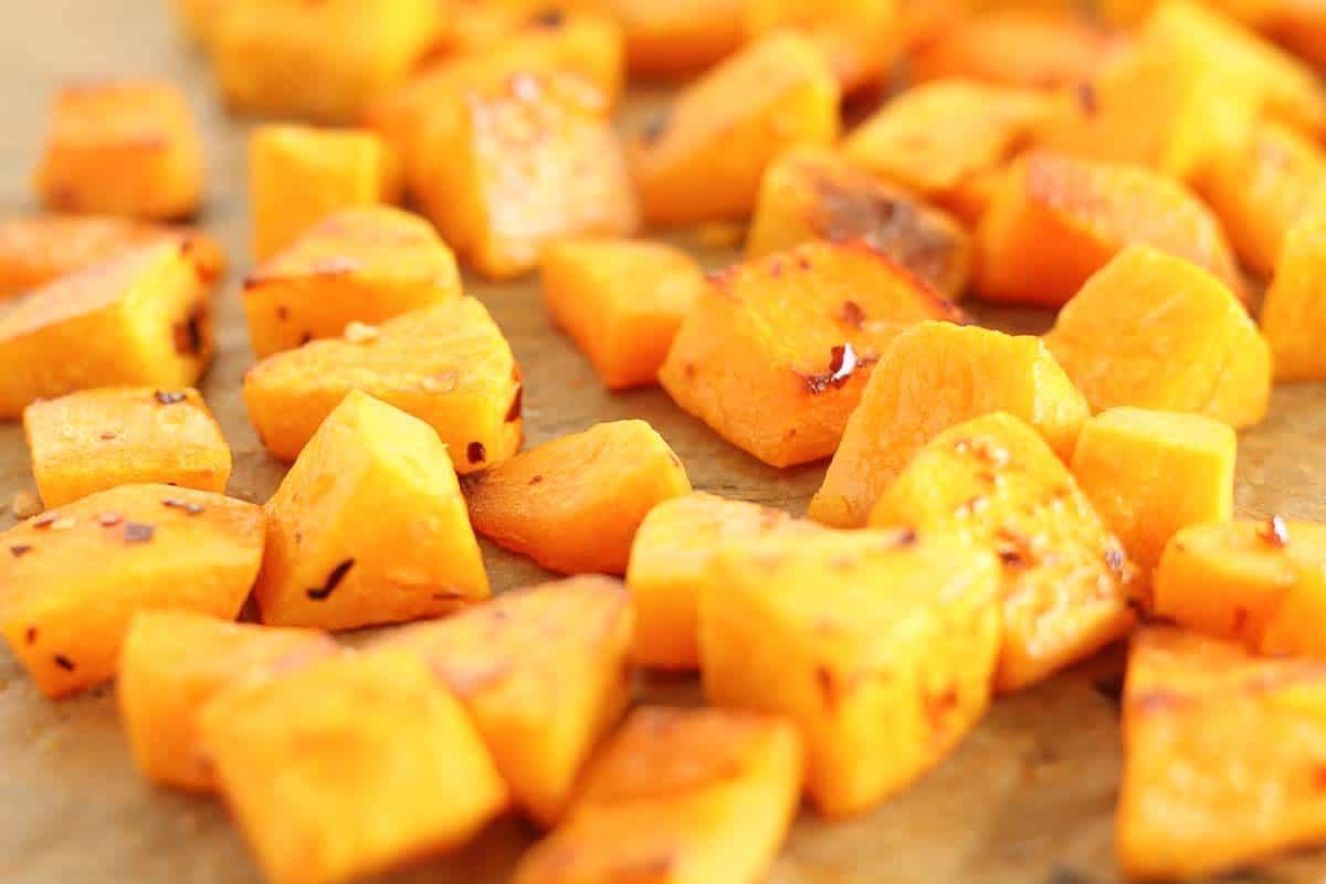 roasted butternut squash on a baking sheet