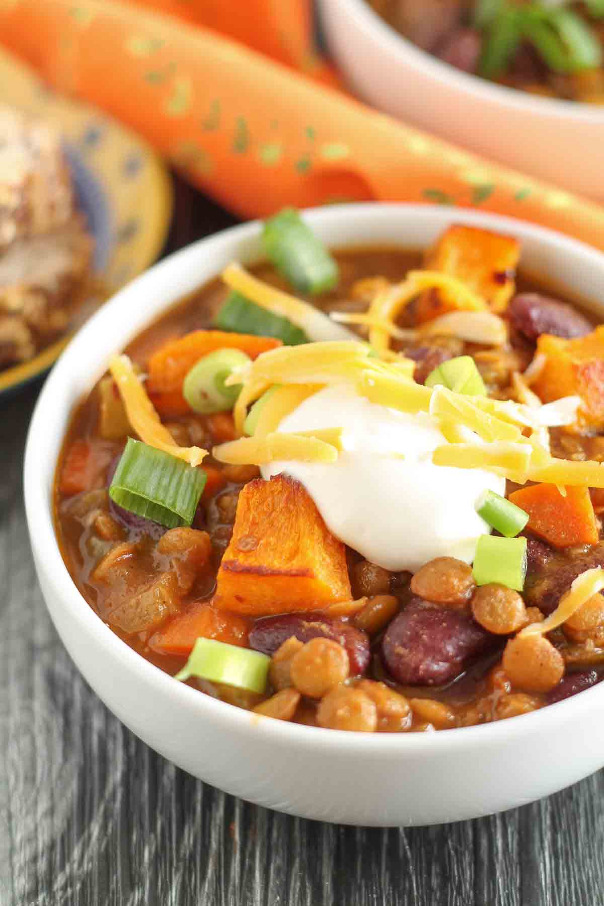 Vegetarian Lentil Chili with Roast Butternut Squash