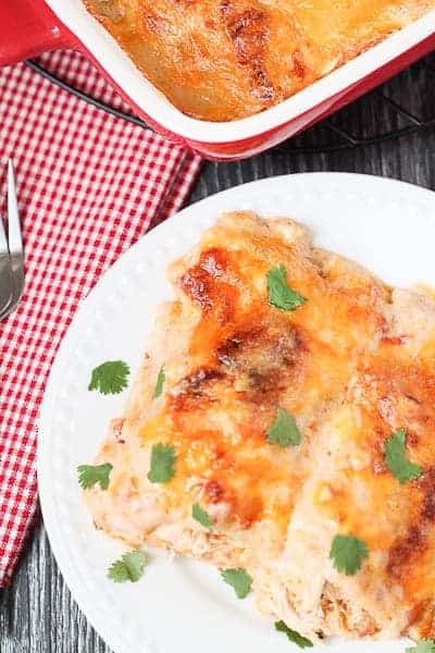 Chicken Enchiladas on a white plate with a red casserole dish and red checkered napkin in the background