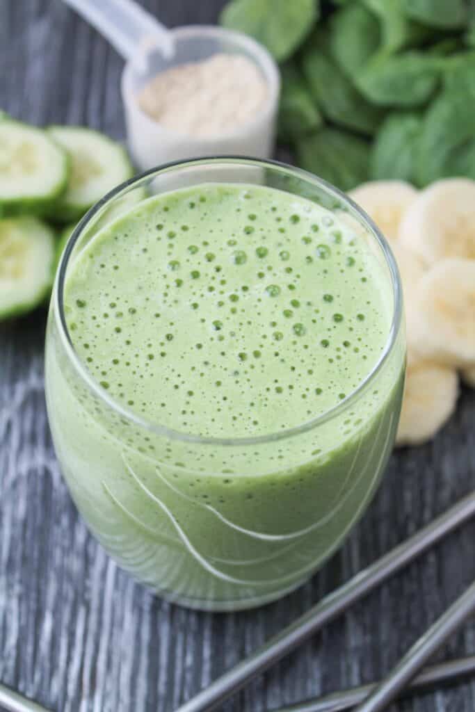 healthy shamrock shake in a glass.