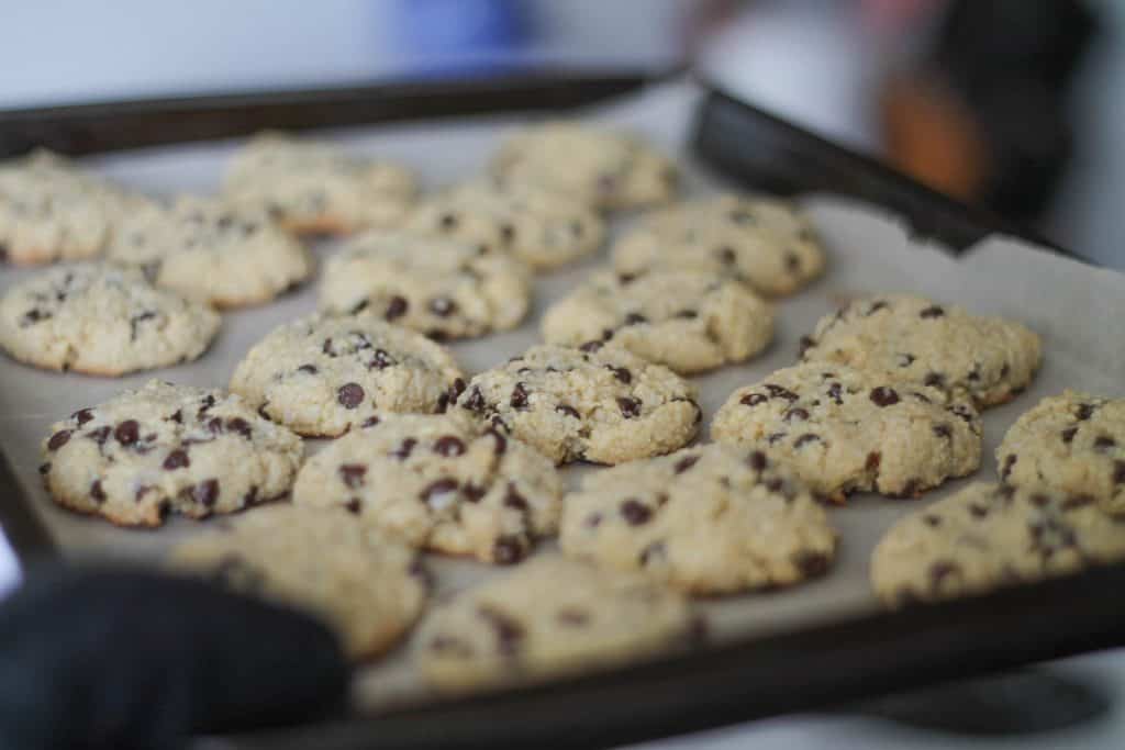 Almond & Coconut Chocolate Chip Cookies on a baking sheet