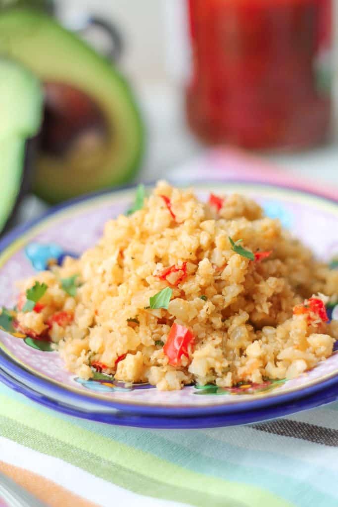 Cauliflower Rice on a painted ceramic plate with fresh avocado and salsa in the backgorund