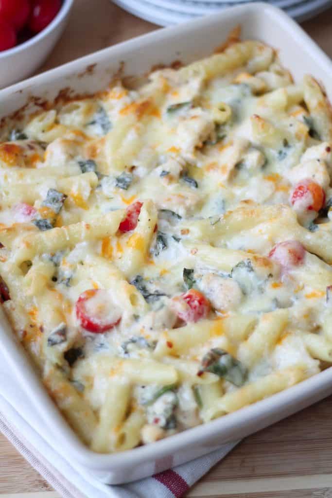 Pasta Bake in a casserole dish, hot out of the oven